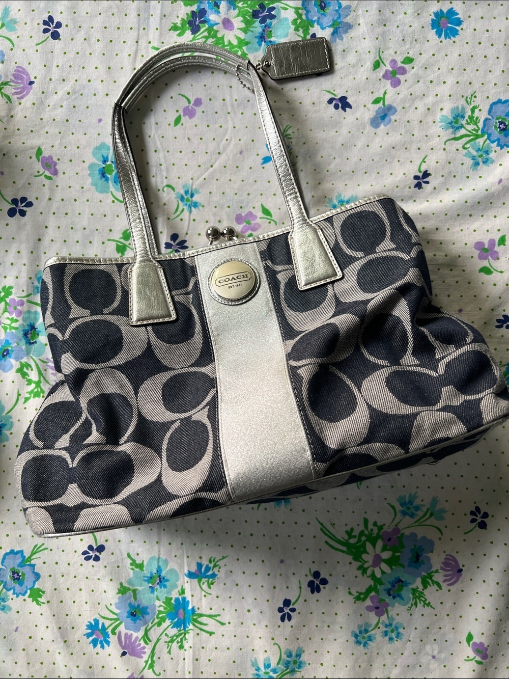 Coach Denim Signature Framed Kisslock Metallic Silver Stripe Carryall Satchel